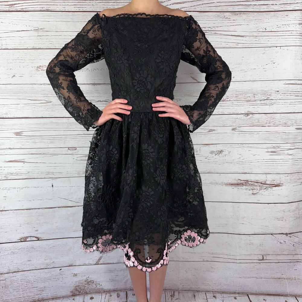 Victor Costa Vintage Women's Black Pink Lace Sequin Off Shoulder Dress Size 8